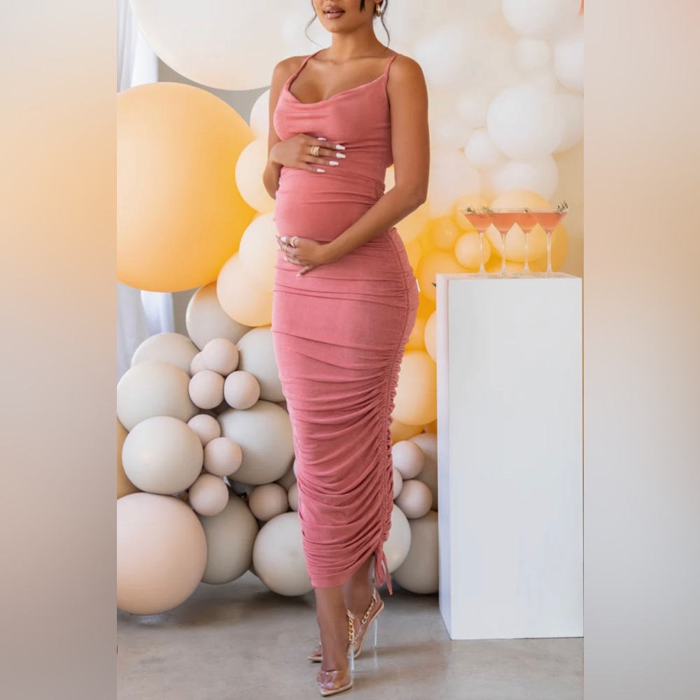 LASTING IMPRESSION 
MATERNITY BLUSH CAMI STRAP RUCHED DETAIL BODYCON MAXI DRESS